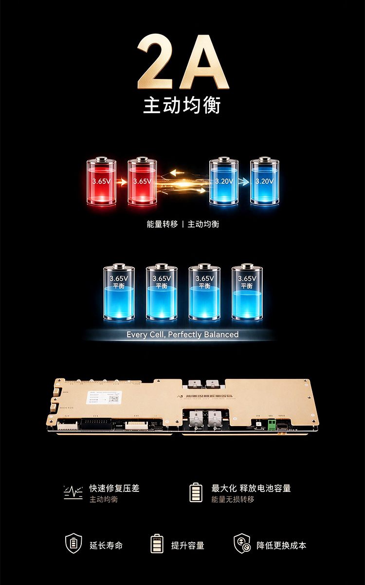 2A主动均衡：能量转移、快速修复压差、延长电池寿命