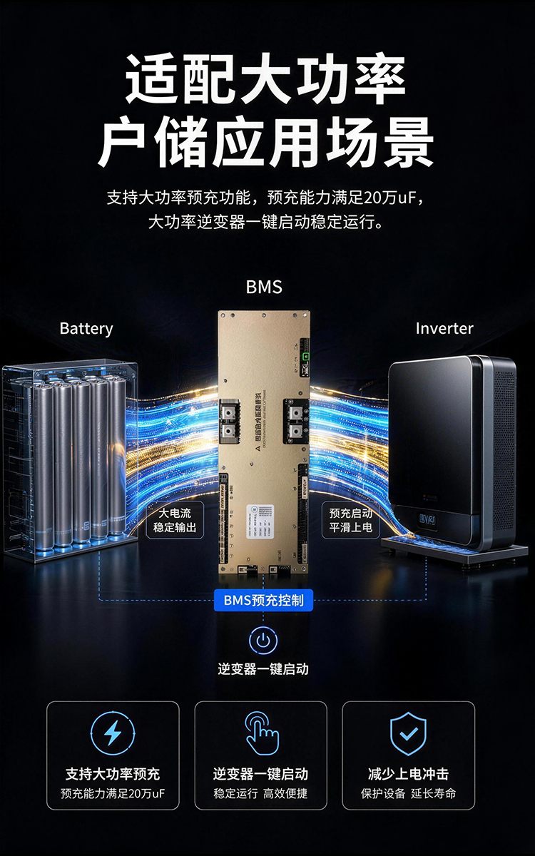 适配大功率户储应用场景，支持大功率预充，逆变器一键启动